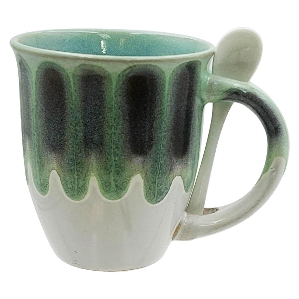 Green Coffee Mug Set with Spoon, 16 oz Unique Ceramic Glazed Tea Cup, Large Mugs for Home Décor or Office for Hot Chocolate, Cappuccino, Microwave