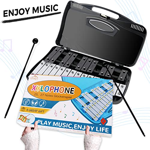 Image of EASTROCK 25 Notes Xylophone Professional Glockenspiel with Box Stick Black | Aluminum Alloy Piano Keys ABS Hard Storage Box Percussion Instrument Kit Suitable for Adult Beginners Music Performance