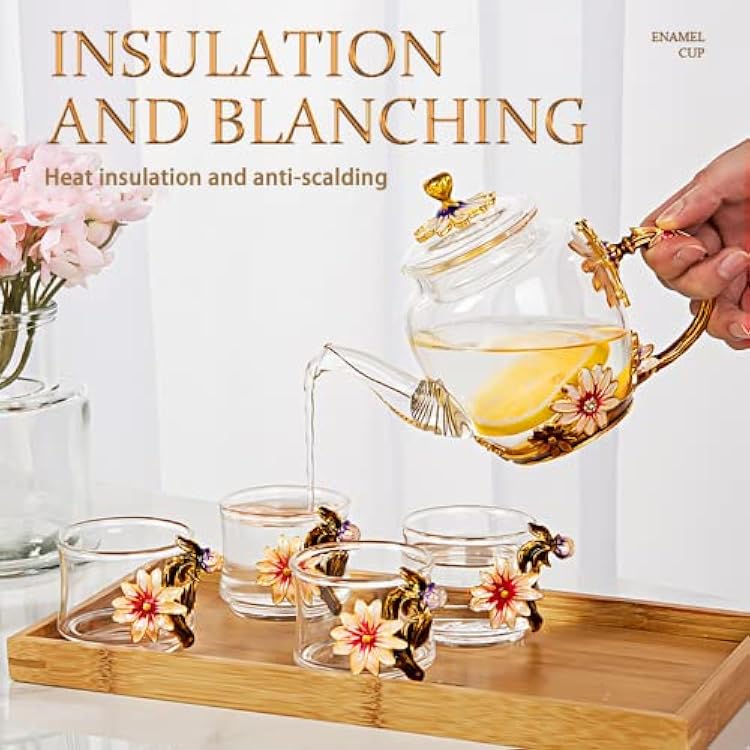 xixi-home Floral Glass Tea Set for Women,Chrysanthemum Glass Tea Kettle Set 7 Pcs,Flower Teapot Set Vintage Coffee Cup Set Fashion Ladies Tea Set Mother's Day Gift-Exquisite Gift Box