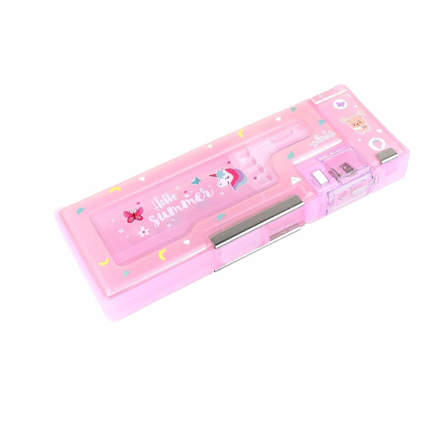 WireScorts Magnetic Pencil Case with Sharpener Hello Summer Luxury Pencil Box for Kids Stationary Organizer Pencil Box for Girls, Kids, (Pink - Plastic)-image-26