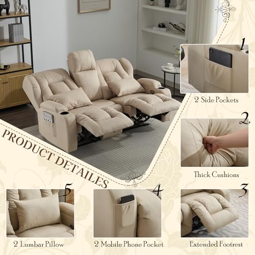 SAMERY Relaxsessel mit Liegefunktion Fernsehsessel Manuell Verstellbar, Zweisitzer Sofa Kinosessel 2 Sitzer Sofa TV Sessel Heimkino mit Getränkehalter/Schublade/Buchse, Stoffbezug – Bild 5
