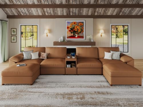 Image of EASE MOOSE Leather Sectional Couch, Oversized Modular Sectional Sofas, Wide Deep Seat Modular Couch, Scratch Resistant Faux Leather Material, U Shaped Sofa for Big Spaces,Brown