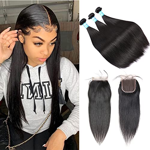 10A Human Hair Bundles With Closure (18 20 22+16) Straight Hair Bundles with Closure 100% Human Hair Bundles With 4x4 Closure …