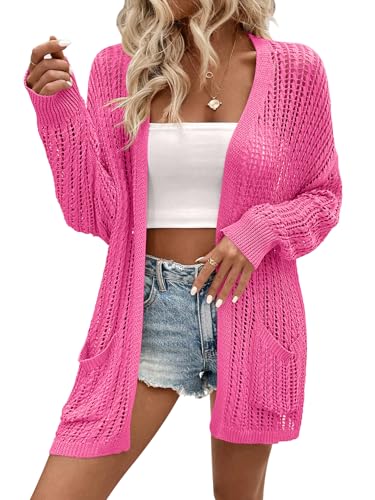 Image of Womens Crochet Cardigan Sweater Lightweight Rib Knit Open Front Sweater Coats Cover Up