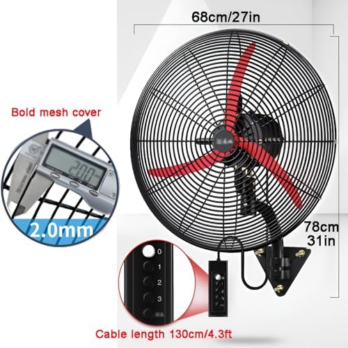 High Velocity Industrial Wall Fan, 26in Adjustable Height & Tilt, 3 Speed Heavy Duty Metal Oscillating Fan for Indoor/Outdoor Use, Wall Mountable, Powerful Air Circulation