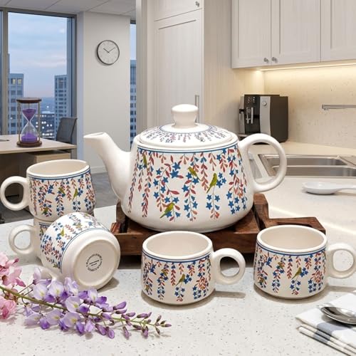 Image of DMRD MART-Handcrafted Ceramic Stag 7PC Tea Cup Set with Kettle Safe 6 Cups 1 Kettle | Tea Pot Set 1000ml Ceramic Porcelain Cup Set of 6 Perfect for Serving Coffee Green. (Leaf 7pc)