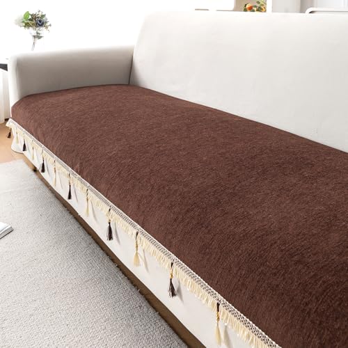 Image of HOKIPO 'Serenity Tassel' Chenille 3 Seater Sofa Cover with Tassel - Chestnut Luke (IN-892-BR)