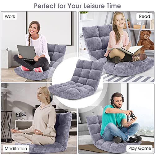 Image of Giantex Folding Floor Chair with Back Support, 14 Adjustable Position, Padded Sleeper Bed, Couch Recliner, Gaming Floor Chairs for Adults, Meditation, Living Room (Grey)