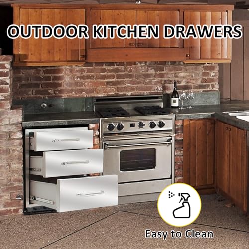 Image of Outdoor Kitchen Drawers 20 inch W x 27 inch H x 23 inch D Flush Mount Triple BBQ Drawers with Chrome Handle Stainless Steel Drawer for Outdoor Kitchen Island, Patio Grill Station