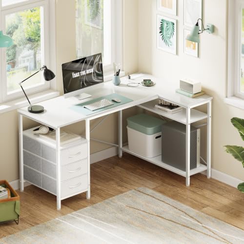 Image of Huuger L Shaped Office Desk with Power Outlets & 3 Drawers | 47 Inch Computer Desk with Shelves, for Gaming, Corner Work, Home Office, Study, White