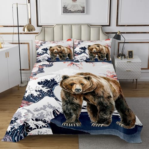 Erosebridal Safari Bear Queen Quilt Set Japanese Ukiyoe Coverlet Set, Marine Sea Ocean Wave Bedding Set Jungle Wildlife Bedspread Set for Kids Boys Girls, Wild Animal Bed Quilt