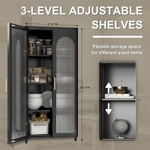 Kitchen-Pantry-Storage-Cabinets-Metal-Sideboard-Storage-Cabinet-with-Glass-Doors-and-Adjustable-Shelves-Modern-Furniture-Pantry-Cabinet-for-Kitchen-Living-Room-and-Dining-Room-Black Kitchen Pantry Storage Cabinets Metal Sideboard Storage Cabinet with Glass Doors and Adjustable Shelves Modern Furniture Pantry Cabinet for Kitchen Living Room and Dining Room Black
