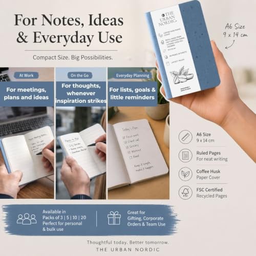 Image of Pocket Notebook A6 Pack of 20 | Mini Notebook for Office, Travel & Daily Notes | Scarlet Blue Tree-Free Coffee Husk Paper Cover | FSC Recycled Pages | Small Notepad