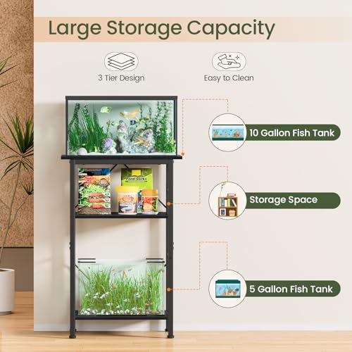 Image of Snughome 5-10 Gallon Aquarium Stand, 3 Tier Fish Tank Stand with Storage, Fish Tank Stand with Metal Frame, Reptile Turtle Tank Stand for Home Office, 20.47 inch x 11.02 inch x 30.52 inch, Black