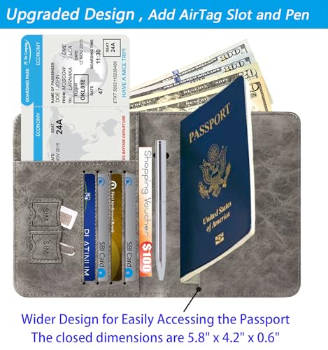 Airtag Passport Holder Cover Wallet Travel Essentials RFID Blocking Leather Card Case International Must Haves Travel Accessories for Women Men(119#Grey)3