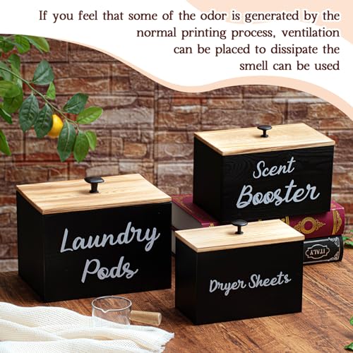 Dandat 3 Pcs Dryer Sheet Holder Laundry Pod Holder Scent Booster Container Set with Scoop Rustic Wood Dryer Sheet Container Laundry Beads Dispenser for Storage(Black) - Image 6