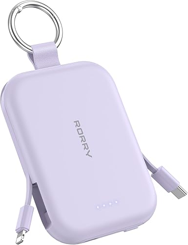 RORRY Cargador portátil, cargador portátil de 5000 mAh con cables integrados, llavero de viaje para iPhone 171615141312, para AirPods 234Pro, morado