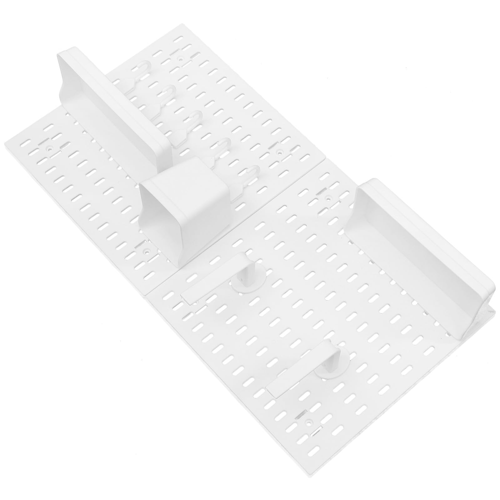 organizador de pared para cocina y baño, tablero perforado de plástico blanco, 1 juego con ganchos y estantes, instalación sin perforaciones, soporte de carga fuerte