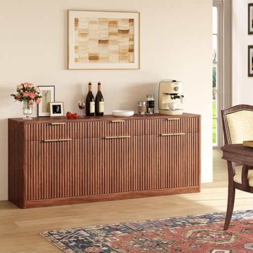 Image of Evermagin 67 inch Fluted Walnut Sideboard Buffet Cabinet with 3 Drawers, Modern Credenza with Storage, Console Coffee Bar Cabinet for Kitchen, Living Room and Entryway (67 inch W x 31.5 inch H x 15.7 inch D)