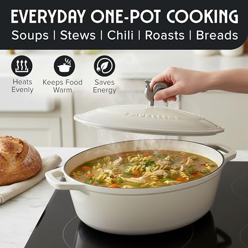 Image of MUELLER HOME 5.5 Quart Enameled Cast Iron Oval Dutch Oven with Rooster Knob & Cotton Potholders, Heavy-Duty Cookware, Oven-Safe up to 500 F & Across All Cooktops, Gifts for Grandma & Women, White