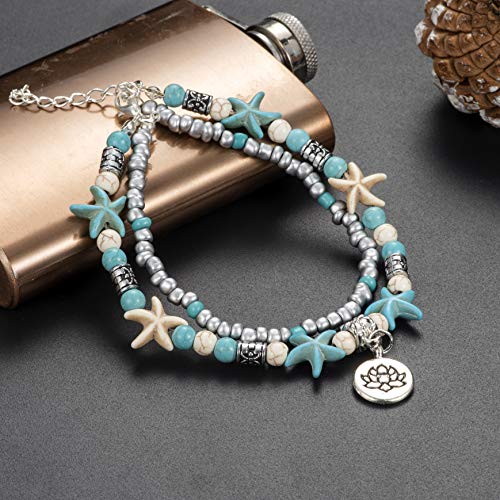 Image of Softones Blue Starfish Turtle Anklet Multilayer Charm Beads Sea Handmade Boho Anklet Foot Jewelry for Women