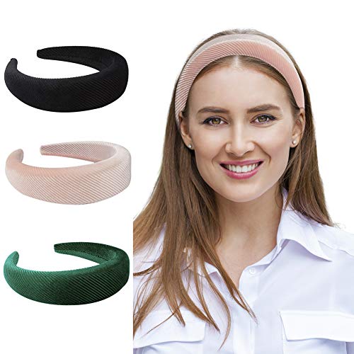 QtGirl Women Padded Headbands Velvet Hairband Thick headband Hair Accessories Wide Plastic Hair Bands for Girls and Woman Pack of 3