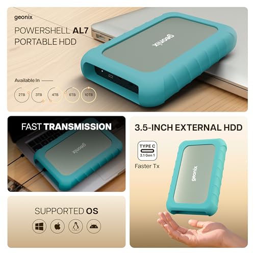 Image of Geonix PowerShell AL7 4TB External Hard Drive 3.5 Inch Desktop HDD with 12V External Power Adapter, USB 3.1 5Gbps UASP, Shockproof, Windows /macOS /Linux /Android, 3 Year Warranty (Martini Gray)