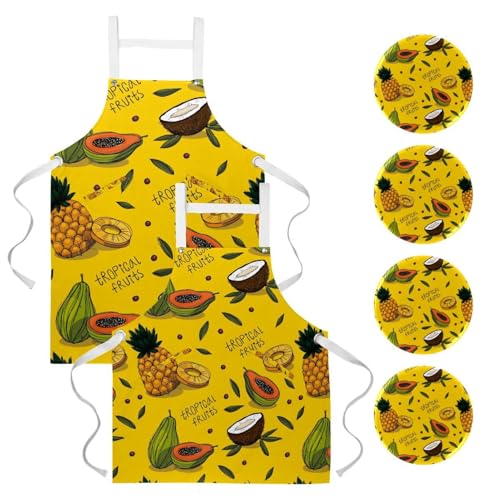 Lot de 2 tabliers de cuisine avec motif fruits tropicaux et 4 broches incluses