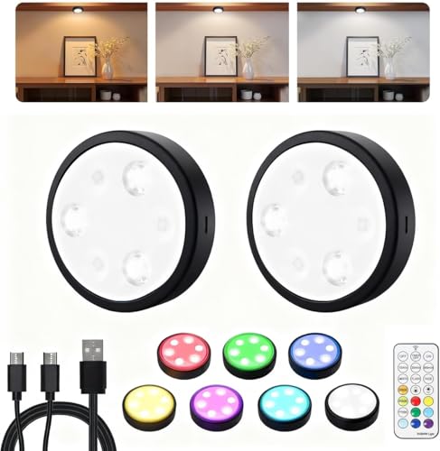 HOLKPOILOT Puck Lights with Remote, 2000mAh Battery Operated Rechargeable Under Cabinet Lighting, 3 Color Temps & 7 RGB Colors, Magnetic Closet Light, Black Wireless Puck Light for Kitchen, Shelf.