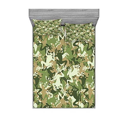 Ambesonne Animal 2 Pack Fitted Sheet & Pillow Sham Set, Skull Camouflage Frog Design, 4 Pcs Bedding Decor, Package Contains 2 Full Size Fitted Sheets & 4 Pillow Covers, Green Pine and Sage