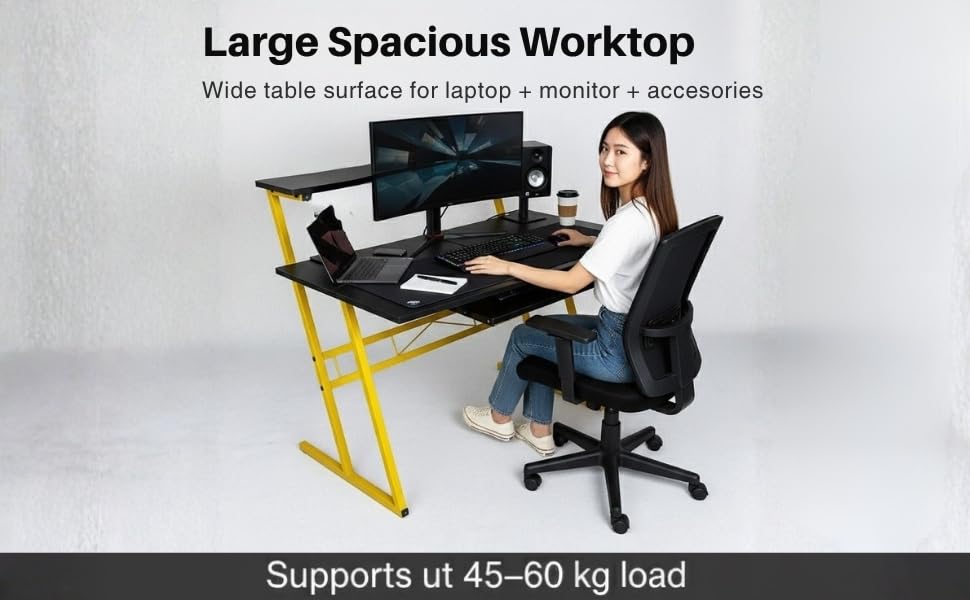 Image of FFO Music Studio Desk with Keyboard Tray Multipurpose Office & Study Table | Workstation Desk for Home, Office, Music Studio, Piano & Instruments Durable Desk with 1 Year Warranty DIY - Black /Yellow