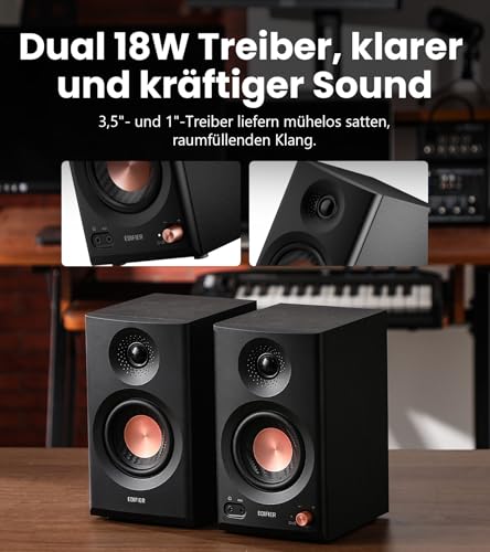 Edifier MR3 Kompakter Studio-Lautsprecher 2.0, Hi-Res Audio, Bluetooth V5.4, physische Steuerungen, RCA, AUX, Mobile App, 2 x 18 W, Schwarz – Bild 4