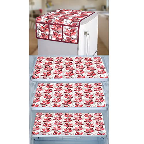 Image of Polyester 3-Layered Fridge Top Cover /Refrigerator Cover With Utility Pockets and Set of 3 Pc Fridge Mats (Color- Leaf Pink, Size-39x21 Inches)