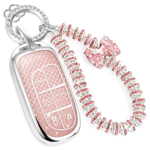 Image of Key Fob Cover for Jeep Renegade, Rhinestone Wristlet Case, Pink | Wear-resistant TPU shell, non-stretch rhinestone wristlet, daily splash, scratch and drop protection, normal signal use