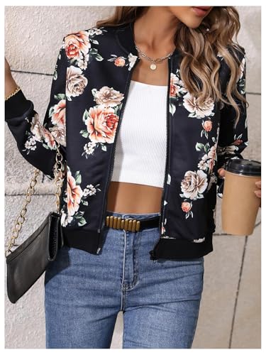 MakeMeChic Women's Baseball Jacket Floral Long Sleeve Zip Up Baseball Bomber Jacket Coat3