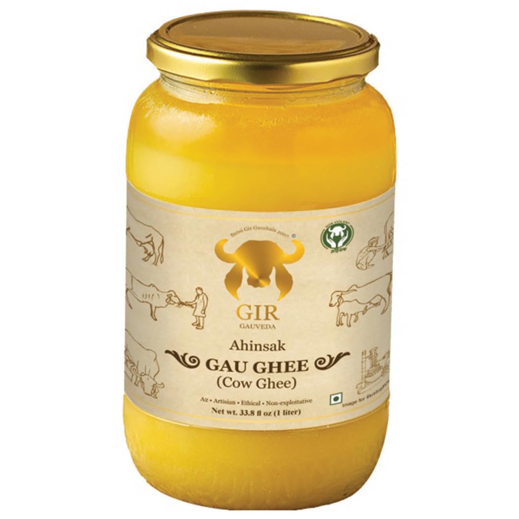Gir Ahinsak Gau Ghee – Vedic, Ethical, Pure Breed Gir Gaumata (A2), Bilona, Grass-Fed, non-GMO – Lactose & Casein free - Ayurvedic diet - 1000 ml