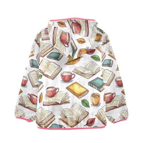 Colorful Books and Coffee Girls Fleece Jacket Girls Fall Jacket Girl Coats Zip Up Hoodie Children Sherpa Warm Outerwear 2-10T2