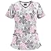 Scrubs for Women V Neck Short Sleeve Printed Tops Cartoon Pattern Plus Size Nursing with Pockets White M