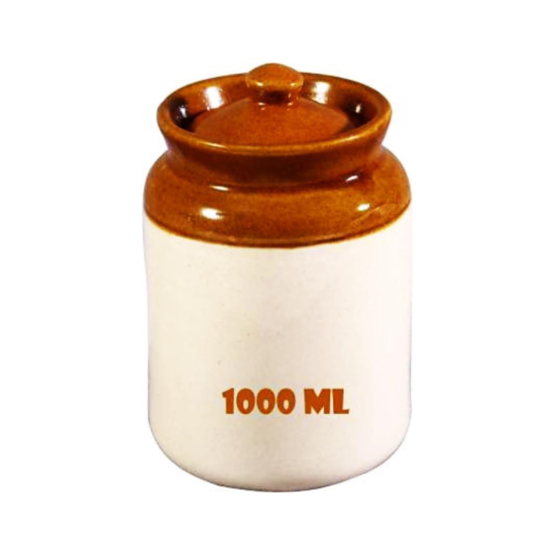 Handmade Ceramic Pickle Jar with Lid | Achar Container | 1000ml Containers for Pickles & Spices | Ceramic Jars for Kitchen Storage |1 kg Achaar Martban | Salt Container | Easy to Clean