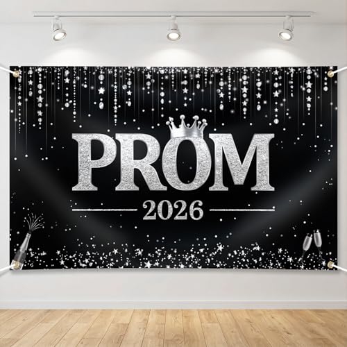 DOORIO Prom 2026 Banner Black Silver Prom Party Backdrop Decoration 72×43 Inch Large Prom Night Photo Backdrop 2026 Graduation Party Supplies