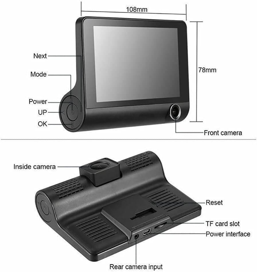 Top-down and side view diagram of the dash cam main unit, labeling the front camera, next button, mode button, power button, up button, OK button, reset button, TF card slot, power interface, and rear camera input.