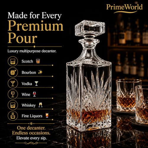 Image of PrimeWorld Whiskey Decanter - Irish Cut | 750 ml Glass Decanter for Scotch, Bourbon, Vodka, Wine & Liquor | Elegant Barware Set of 1