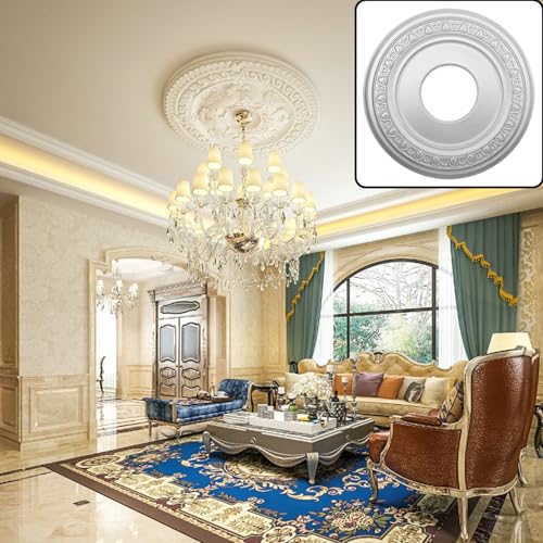 Image of HEVSTIL Ceiling Medallion 12 inchOD x 3.94 inchID PU Ceiling Medallion for Light Fixtures European Style Ceiling Light Decorative Fan Medallion Lighting Ceiling Ring Covers for Chandeliers Home,Silver