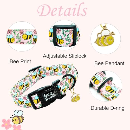 Image of Dog Collar, Cute Bee Adjustable Pet Collars Spring Soft Comfortable Cotton Puppy Collar Pink Flower Necklace Gift Collars for Large Dogs