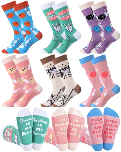 Patelai 6 Pairs Funny Bowling Socks for Women Novelty Bowling Accessories Party Favors Gifts for Bowlers Lovers(Elegant Style Soft Color)