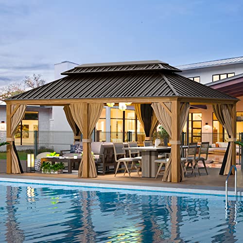 Erommy 12' X 20' Gazebo, Wooden Finish Coated Aluminum Frame Canopy With Double Galvanized Steel Hardtop Roof, Outdoor Permanent Metal Pavilion With Curtains And Nettings For Patio, Backyard And Deck #TOP10