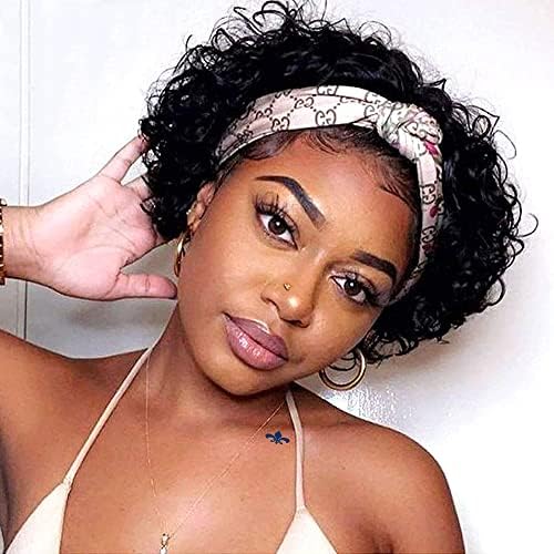 FENGDE 8 inch Pixie Cut Headband Wigs Glueless Curly Bob Short Curly human hair wigs for black women 150% Density Natural Black Brazilian Virgin Human Hair Wigs, None Lace Front Wig Glueless Wig
