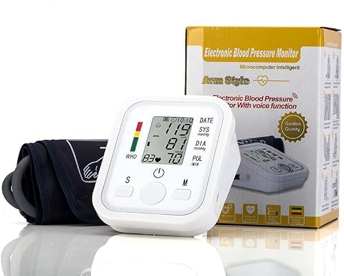 Upper Arm Electronic Blood Pressure Monitor with Voice | LCD Display, WHO Indicator, Microcomputer Intelligent, Arm Cuff Included, Date & Pulse Tracking