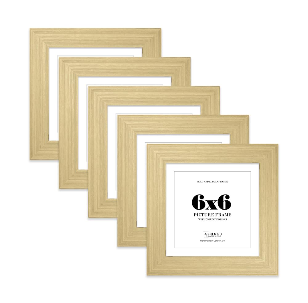 6x6" Gold Square Frame With Mount for 5x5" Pictures 28mm Edge Frame Display with Wall Hooks and Kickstand, 5 Pack