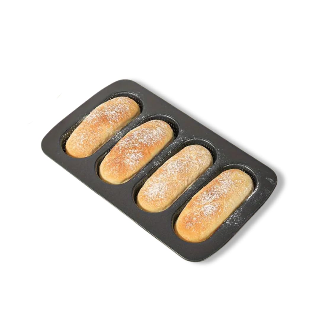 PALUPLUS Stampo per Pane, Misura 34,6x21,5 cm, Teglia da Forno in Acciaio al Carbonio Antiaderente, 4 Forme Forate da 7x17 cm per Mini Baguettes, Resistente fino a 230° -3995F